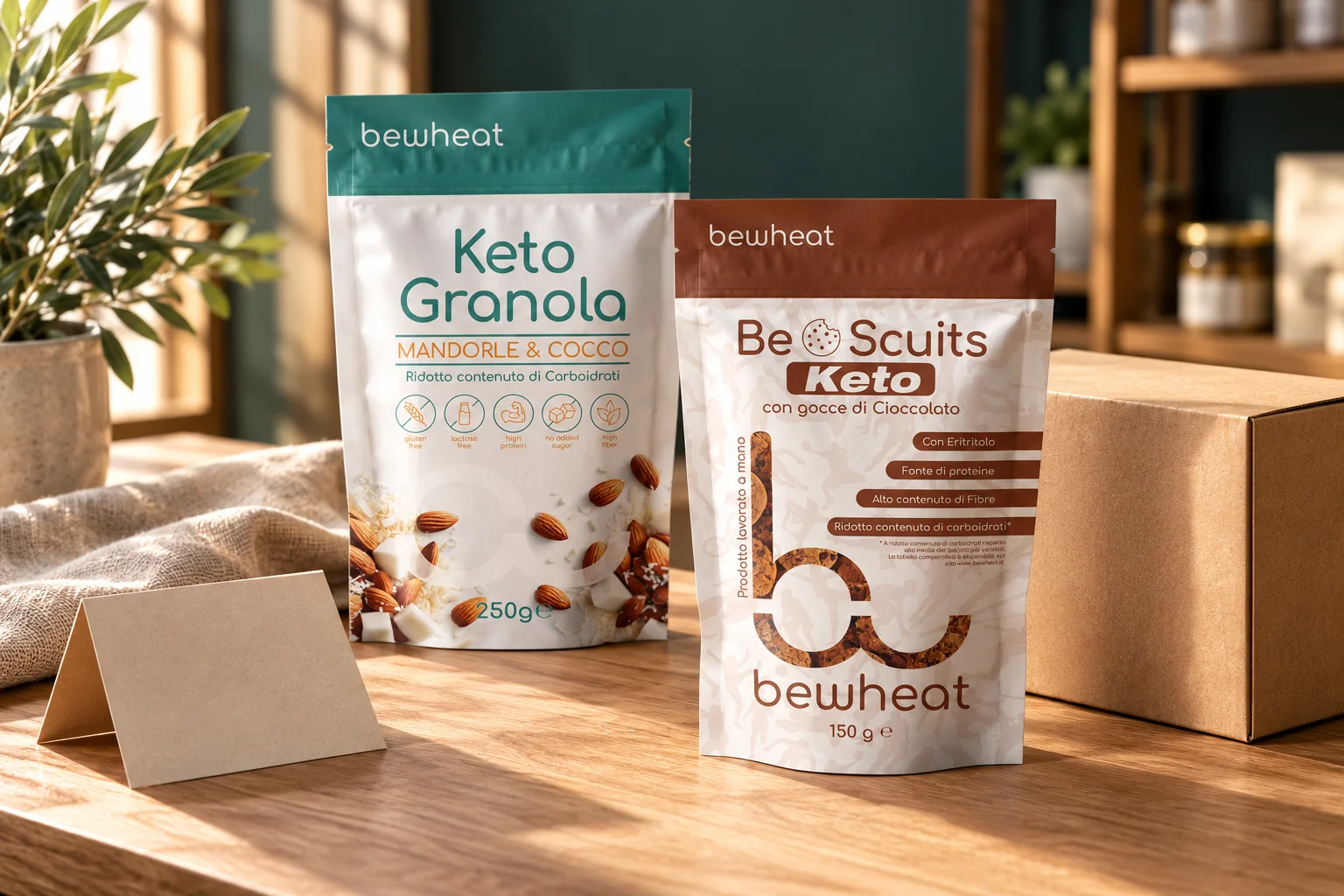 Confezioni BeWheat Keto Granola e BeScuits Keto su un banco in legno