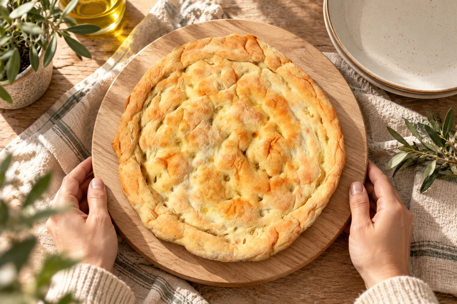 Base pizza rotonda BeWheat su un tagliere di legno tenuto da due mani, con canovaccio e rametti d'ulivo