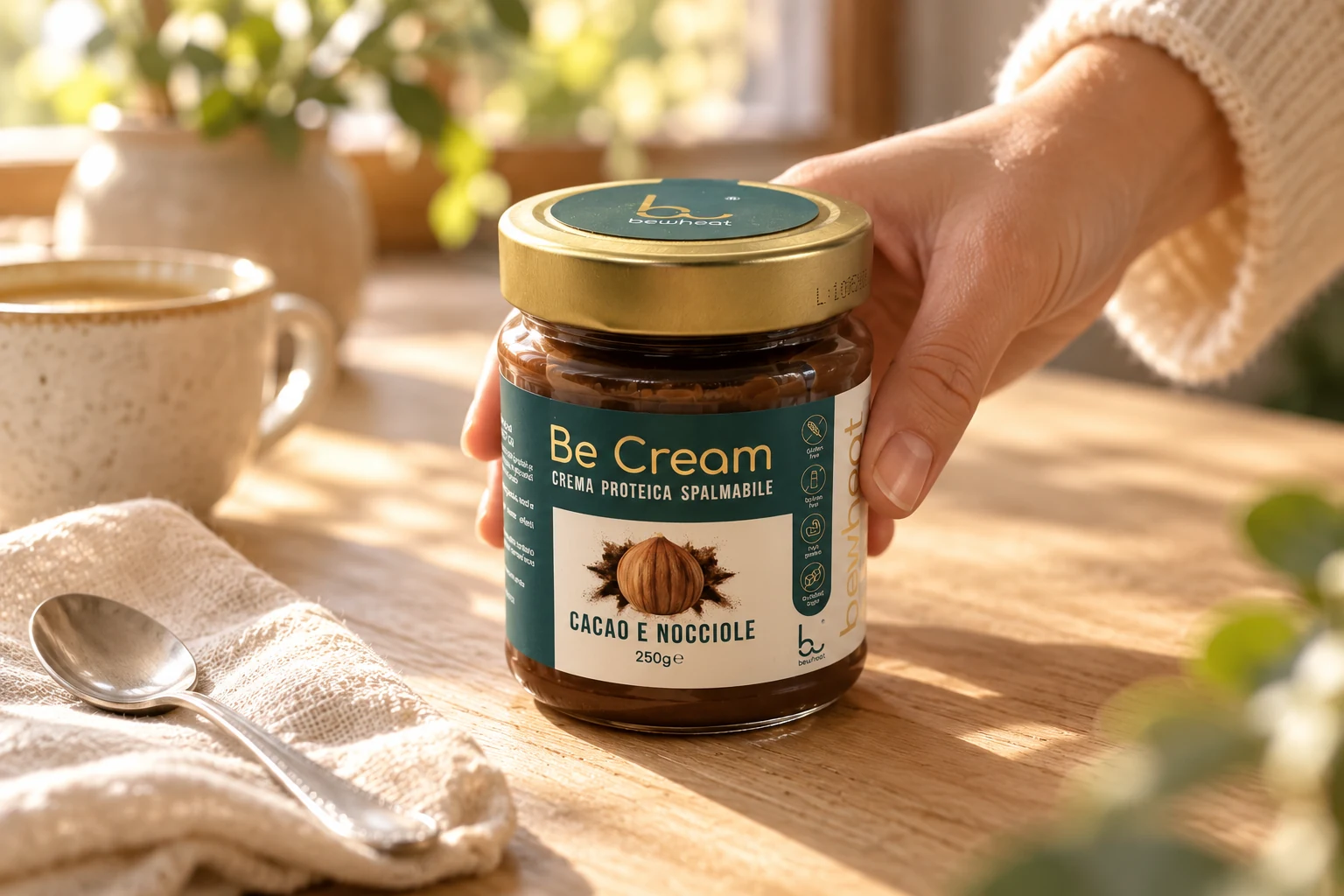 Vasetto BeWheat Be Cream crema proteica spalmabile cacao e nocciole tenuto da una mano su un tavolo in legno