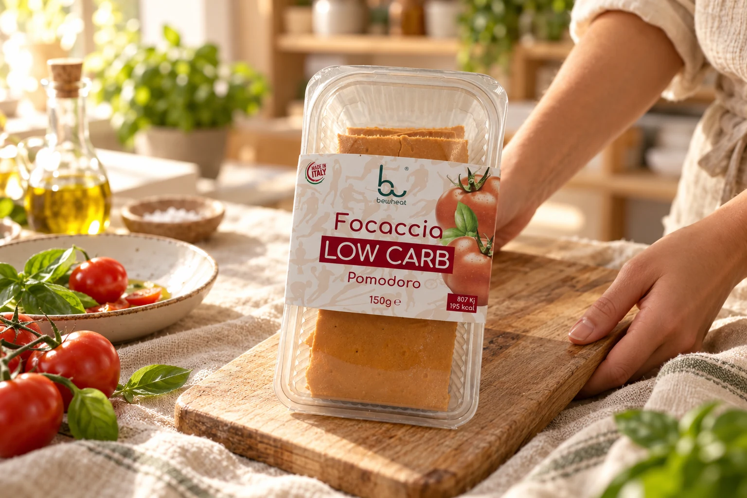 Confezione BeWheat Focaccia Low Carb al pomodoro su un tagliere di legno, tra pomodorini, basilico e olio in una cucina luminosa