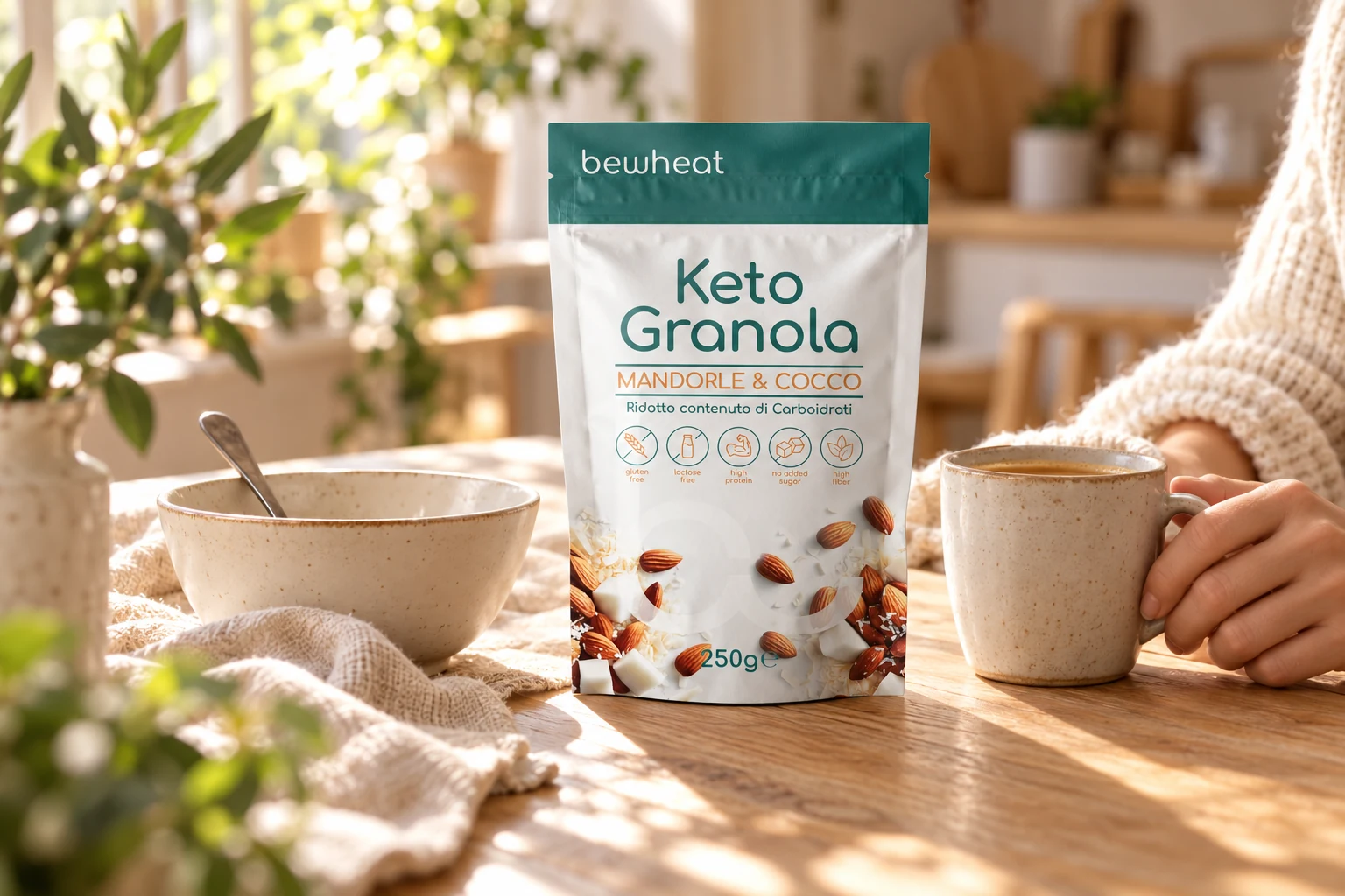 Confezione BeWheat Keto Granola mandorle e cocco su un tavolo in legno con ciotola e tazza, alla luce del mattino