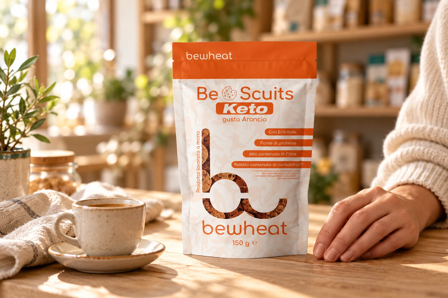 Confezione BeWheat BeScuits Keto gusto arancia su un bancone in legno accanto a una tazzina di caffè